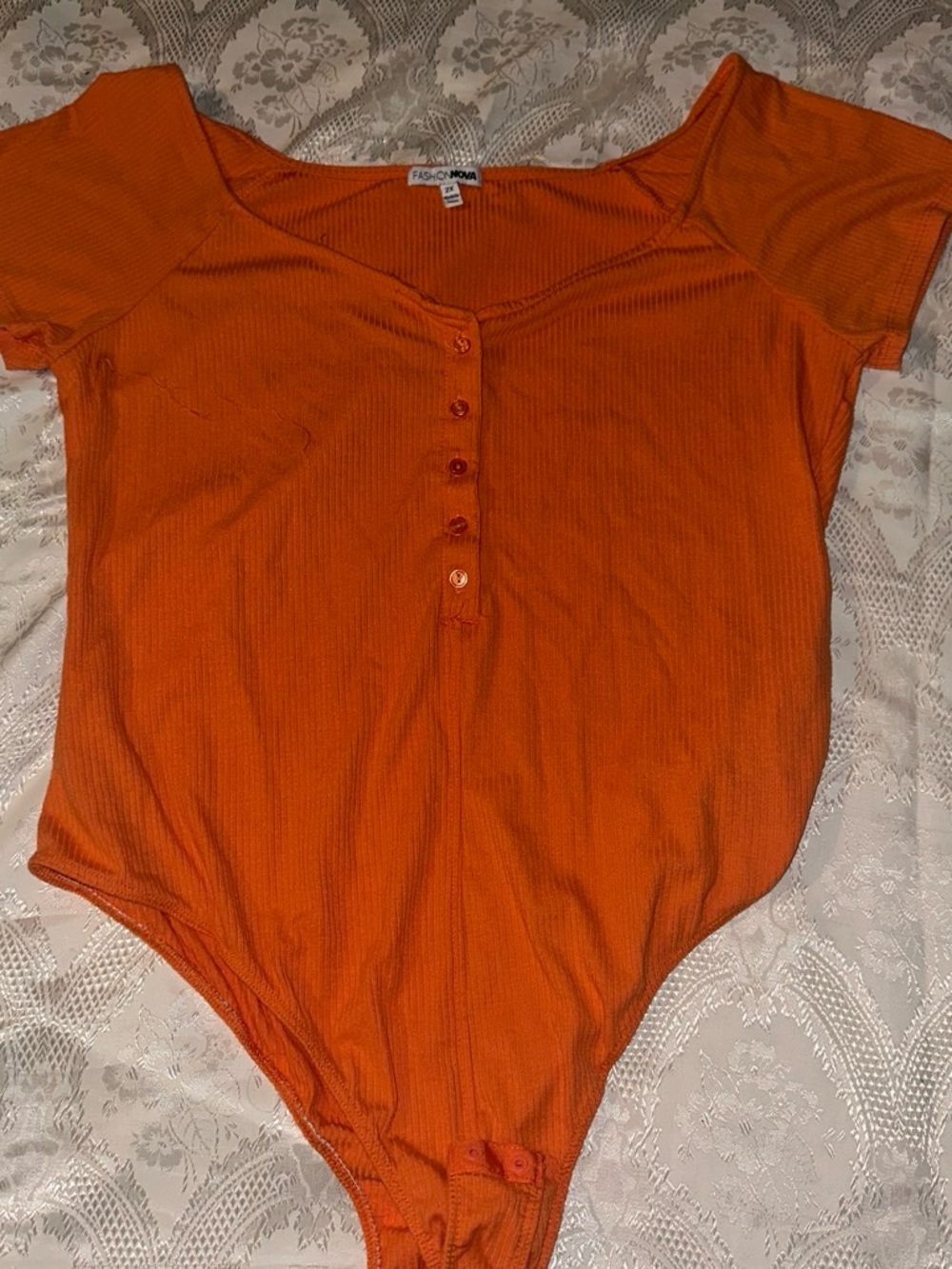 Fashion Nova Orange Ribbed Short-Sleeve Button Bodysuit